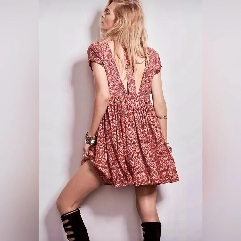 Free People Sundown Boho Babydoll Mini Dress Orange Combo ZB1